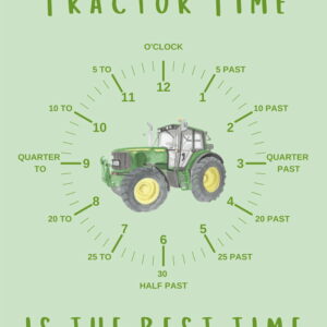 Custom made learning clock with green tractor in the middle