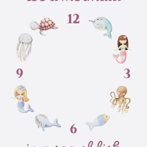 Clock face with mermaids, fish and turtles on it